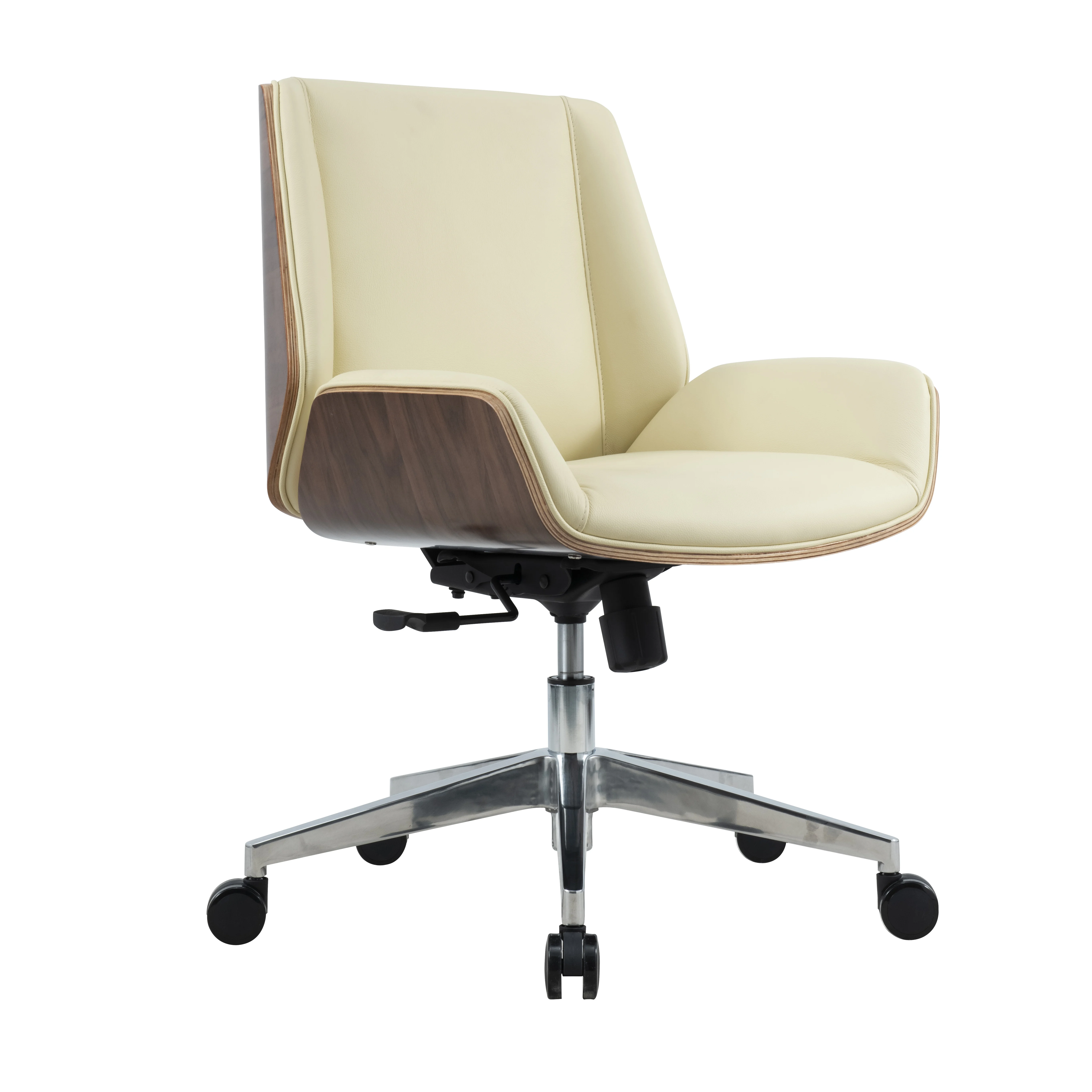 Contemporary Conference Room Chair with Wooden Backrest & Swivel Base Leather Office Furniture Chair for Managers and Visitors