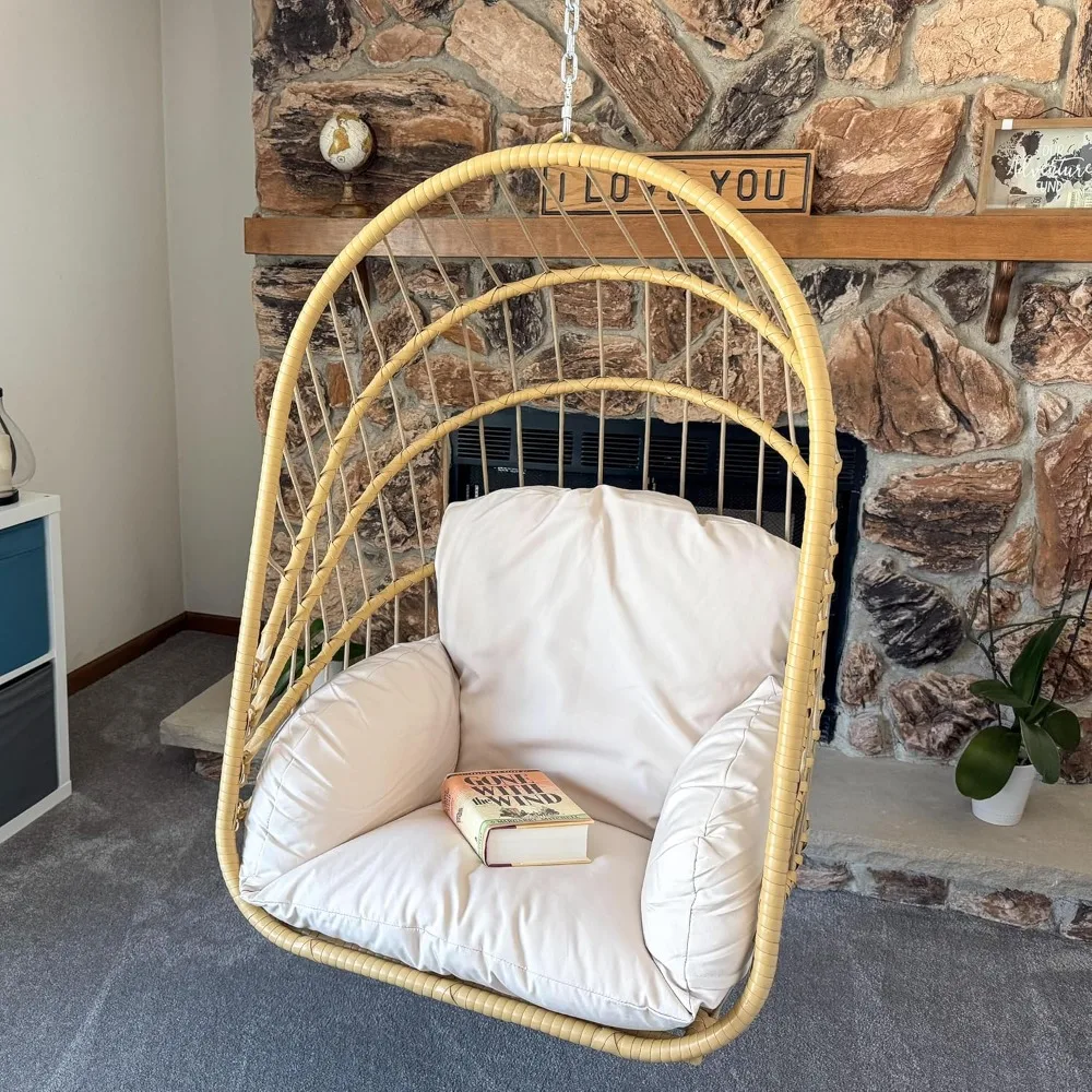 Swing Egg Chair with Cushions 350lbs, Wicker Hammock Chair Foldable Hanging Basket Chair W/O Stand for Outdoor, Indoor, Patio