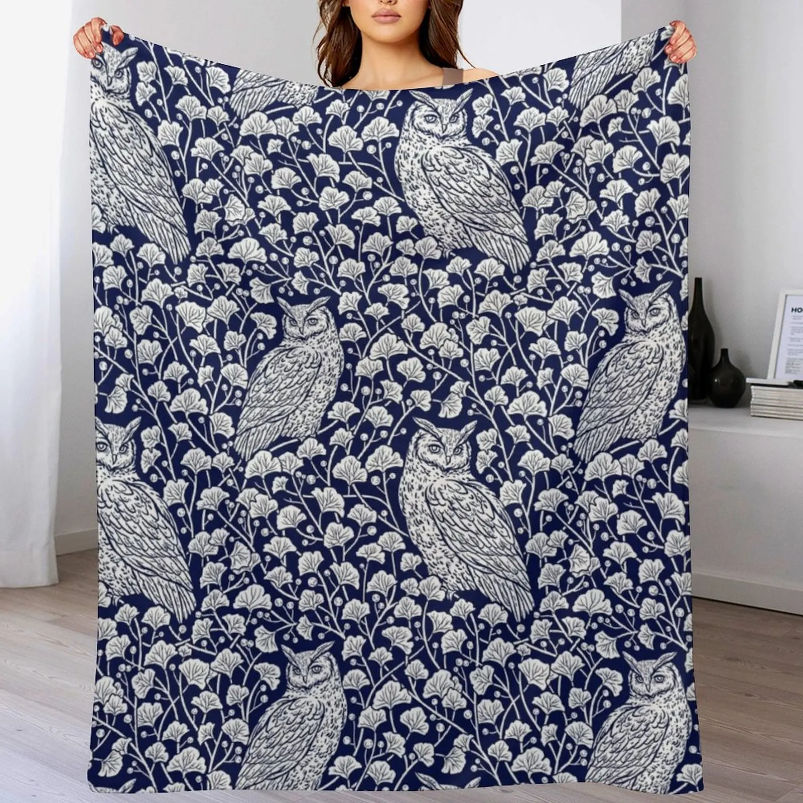 Winter Blue II - Owls and Gingko Leaves Throw Blanket Polar For Decorative Sofa Plush valentine gift ideas Blankets