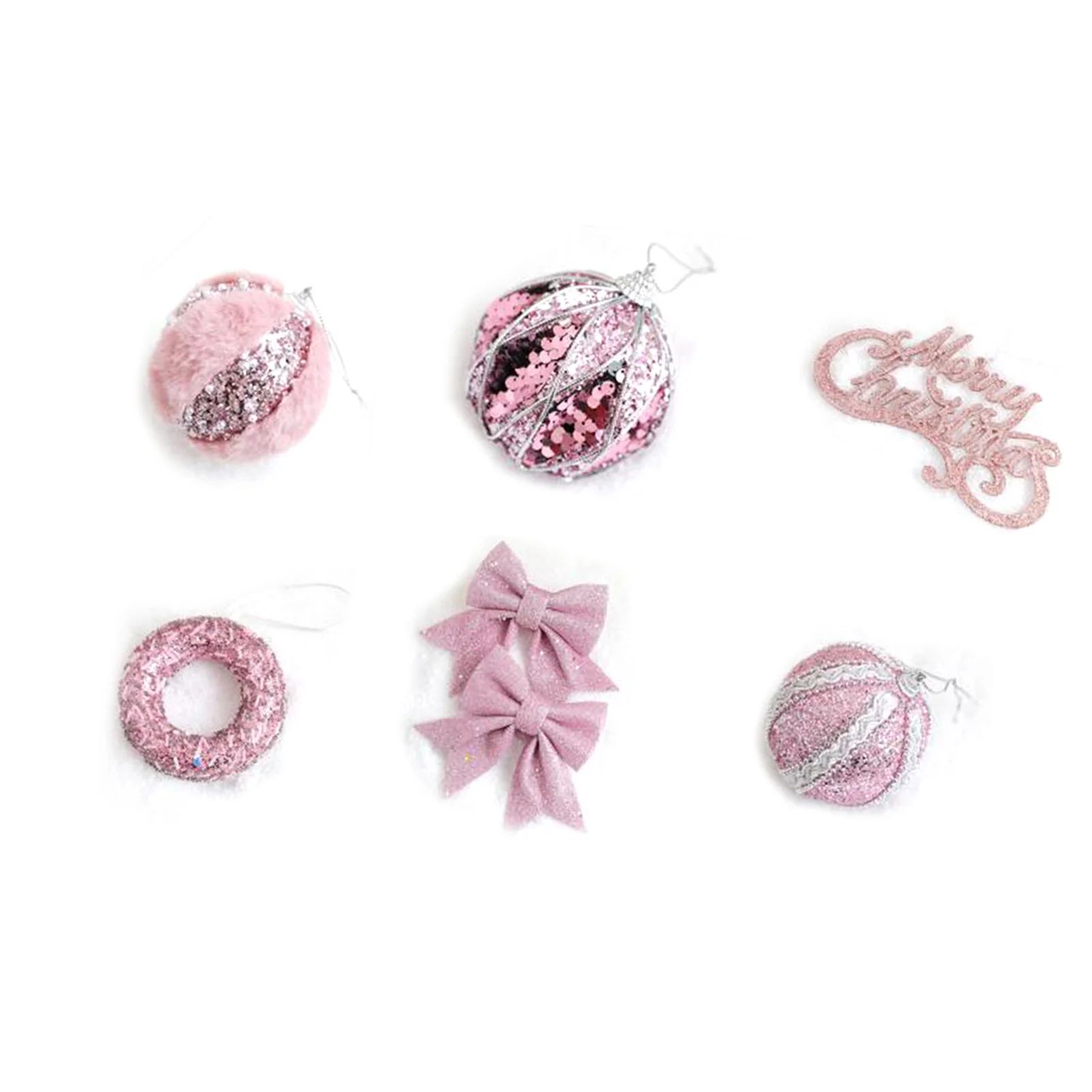 Oferta de Liquidación: Juego de 6 Adornos para Árbol de Navidad, Lentejuelas, Moños de Felpa, Bolas, Donuts, Letras, Decoración para Árbol, Color Rosa, Exquisito y Duradero