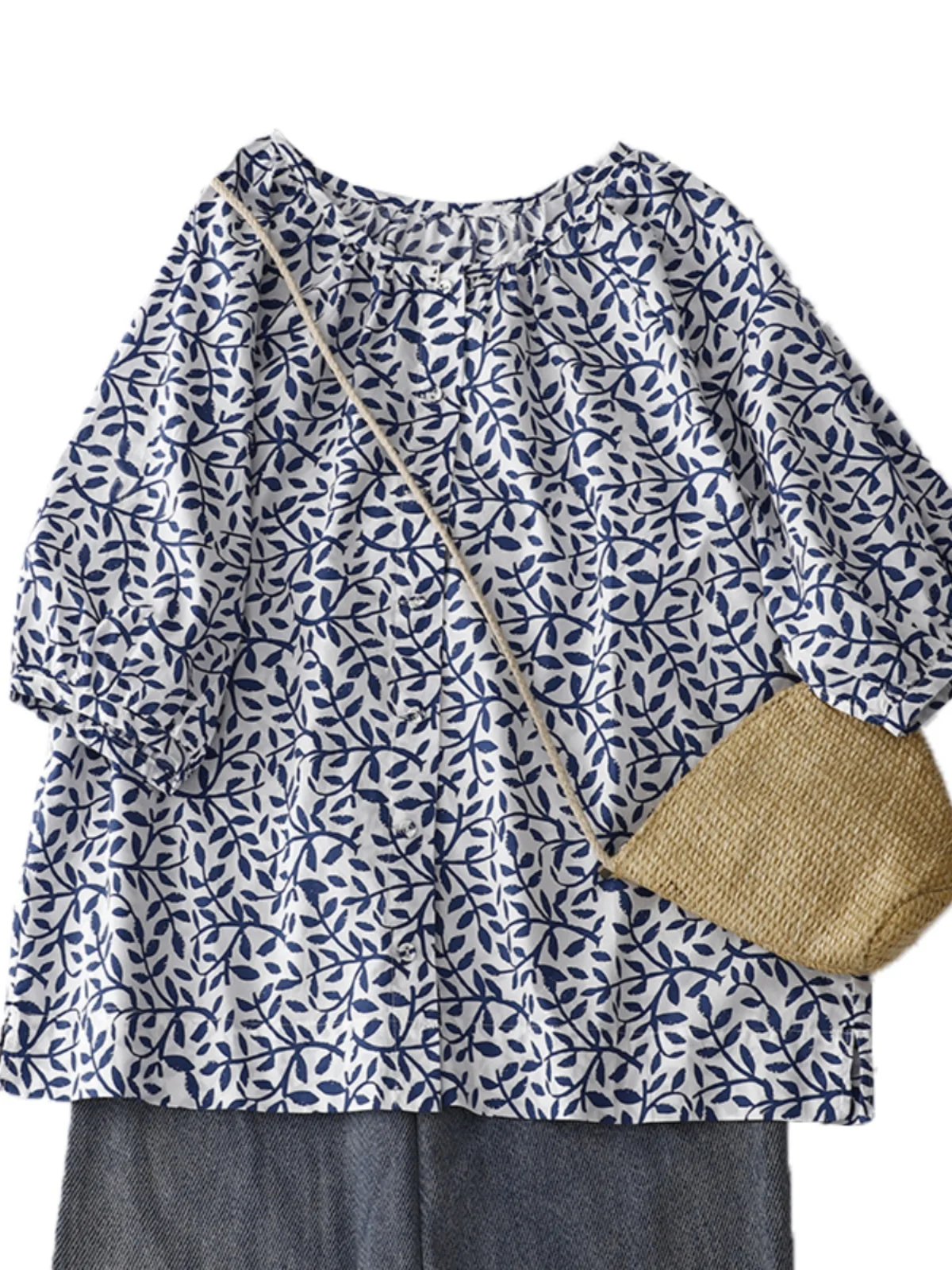 Retro floral algodão linho boneca irt feminino redondo ne ort sve impresso solto ajuste superior commute sle verão faion