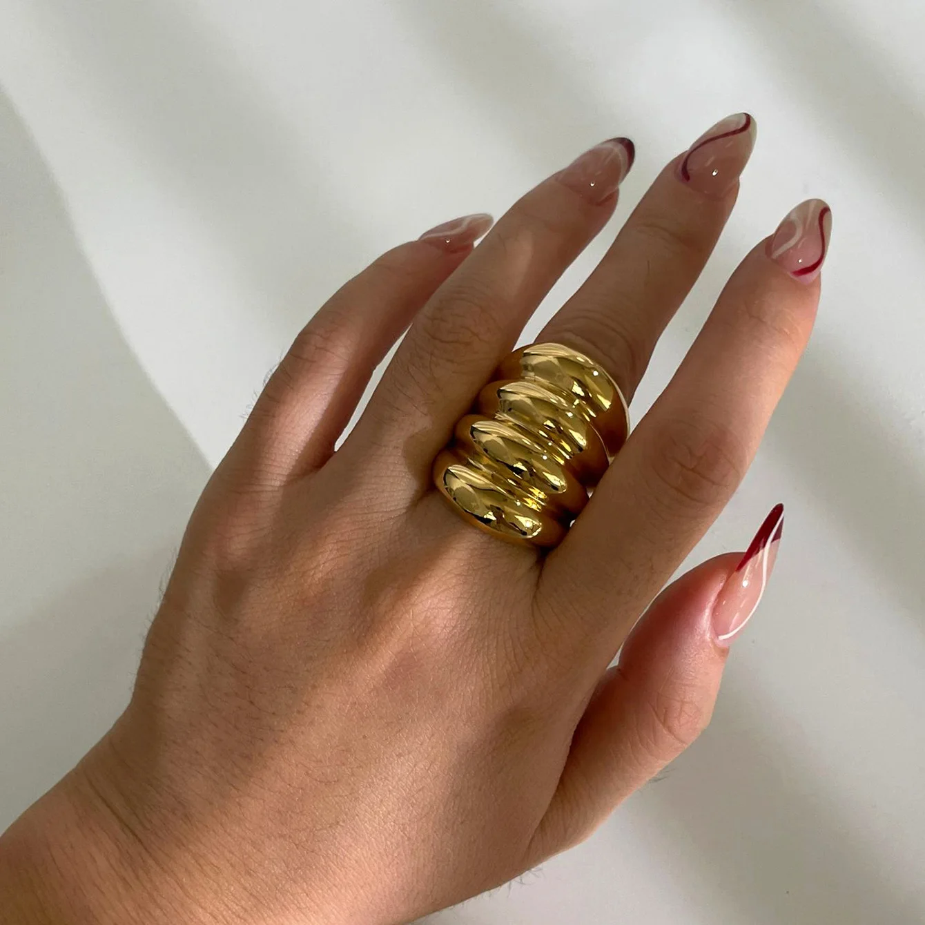 HANGZHI Punk Stainless Steel Four Layers Wide Chunky Curved Ring Irregular Personality Retro Simplicity Geometric Jewelry New