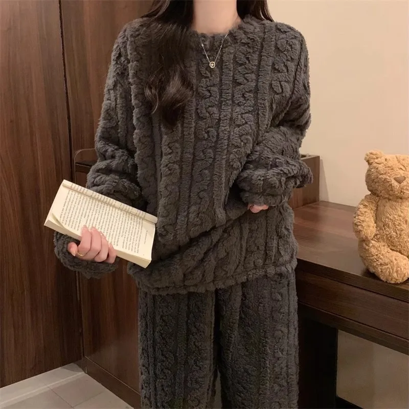 Winter Autumn Warm Soft Round Neck Pajamas Set Women Long Sleeves Clothes Solid Color Blue Pink Dark Gray White Pruple Comfort