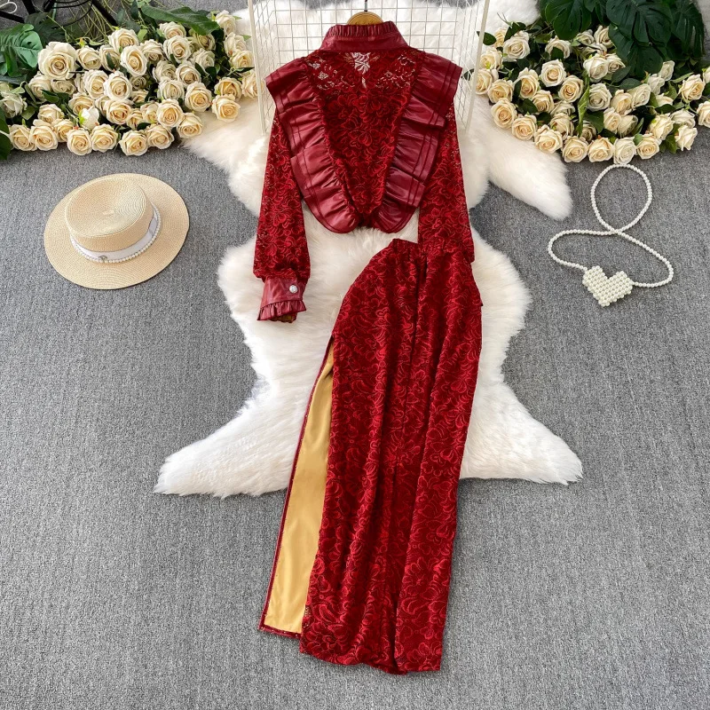 

Модный женский комплект с элитным ощущением, легкая роскошная кружевная рубашка из искусственной кожи с рюшами, возрастная юбка со стразами