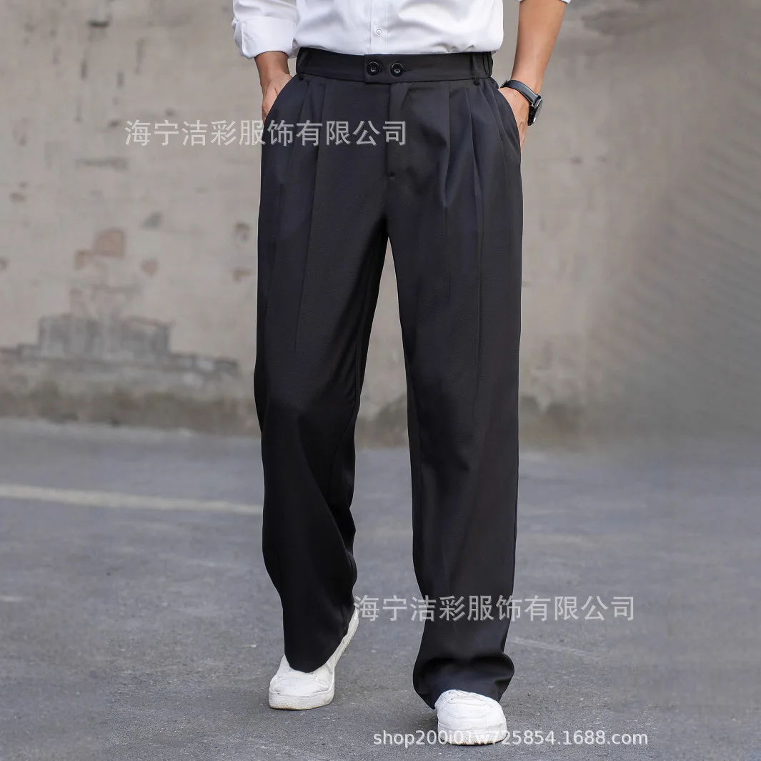 European American Fashion Men Solid Color Simple Basic Casual Daily Trendy Wide Leg Loose Fit Floor Length Suit Trousers Male