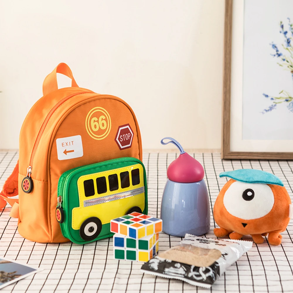 Cartoon Bus Kids Backpack Children's Fashion Simple Zipper Backpack Travel Bag Student Bag School Bag Baby Accessories