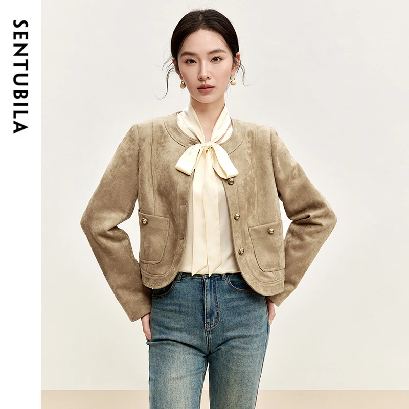 SENTUBILA Texture Loose Fit Jackets for Women 2024 Winter Retro Metal Single Breasted Crew Collar Cropped Tops Ladies 143W56459