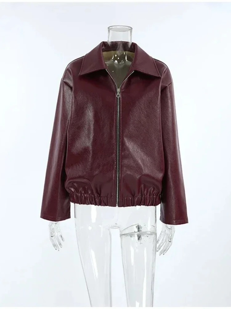 New in Spring Summer Women Jackets Fashion Lapel Zipper Long Sleeve Female Coats Lady Street Outwear Burgundy Leather Jacket