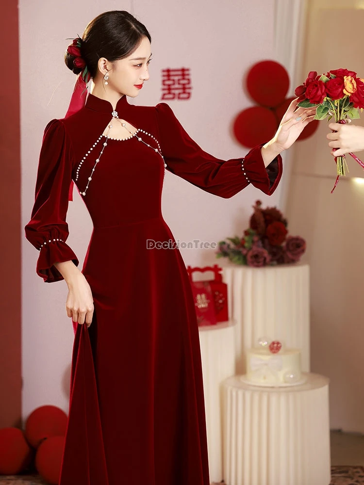 2024 gentle temperament bride wedding toasting attire classical demure improved banque cheongsam exquisite pearl brocade dress