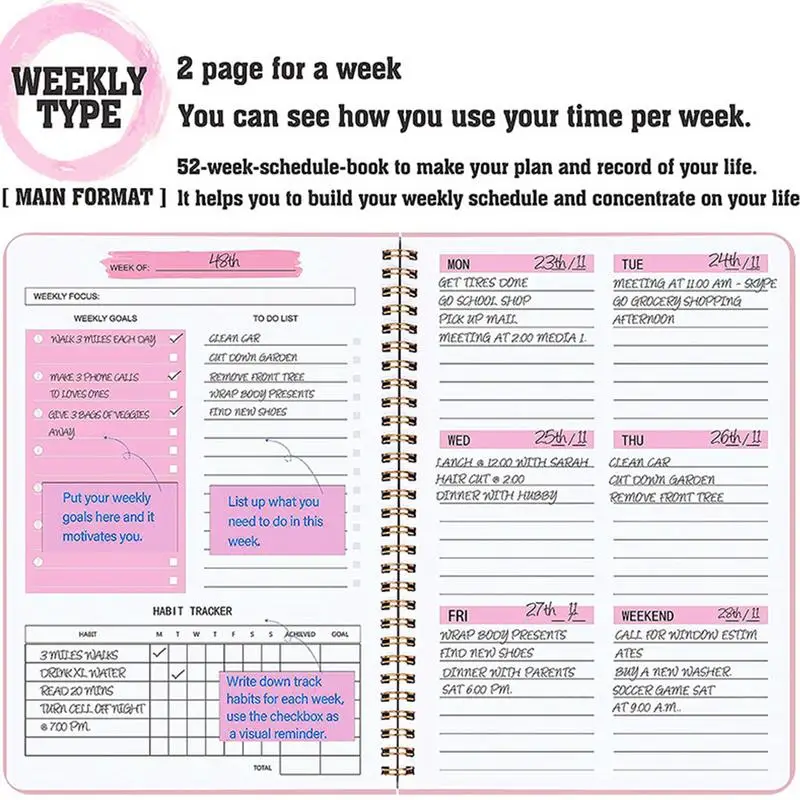 Weekly Planner Spiral Binder Notebook 52 Weeks Agenda Schedule organizer diary Journal Stationery Office School Supplies