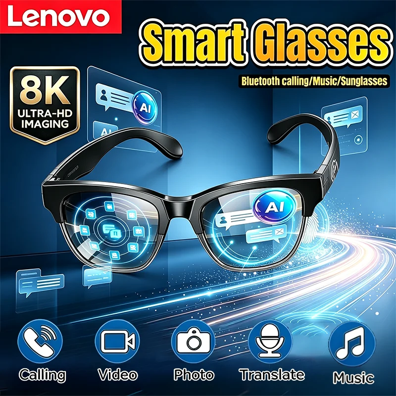 Lenovo 2026 Neue Smart-Brille mit KI-Übersetzung, Bluetooth-Konversation, Aufnahmefunktion und Musikplayer-Sonnenbrille für Männer und Frauen