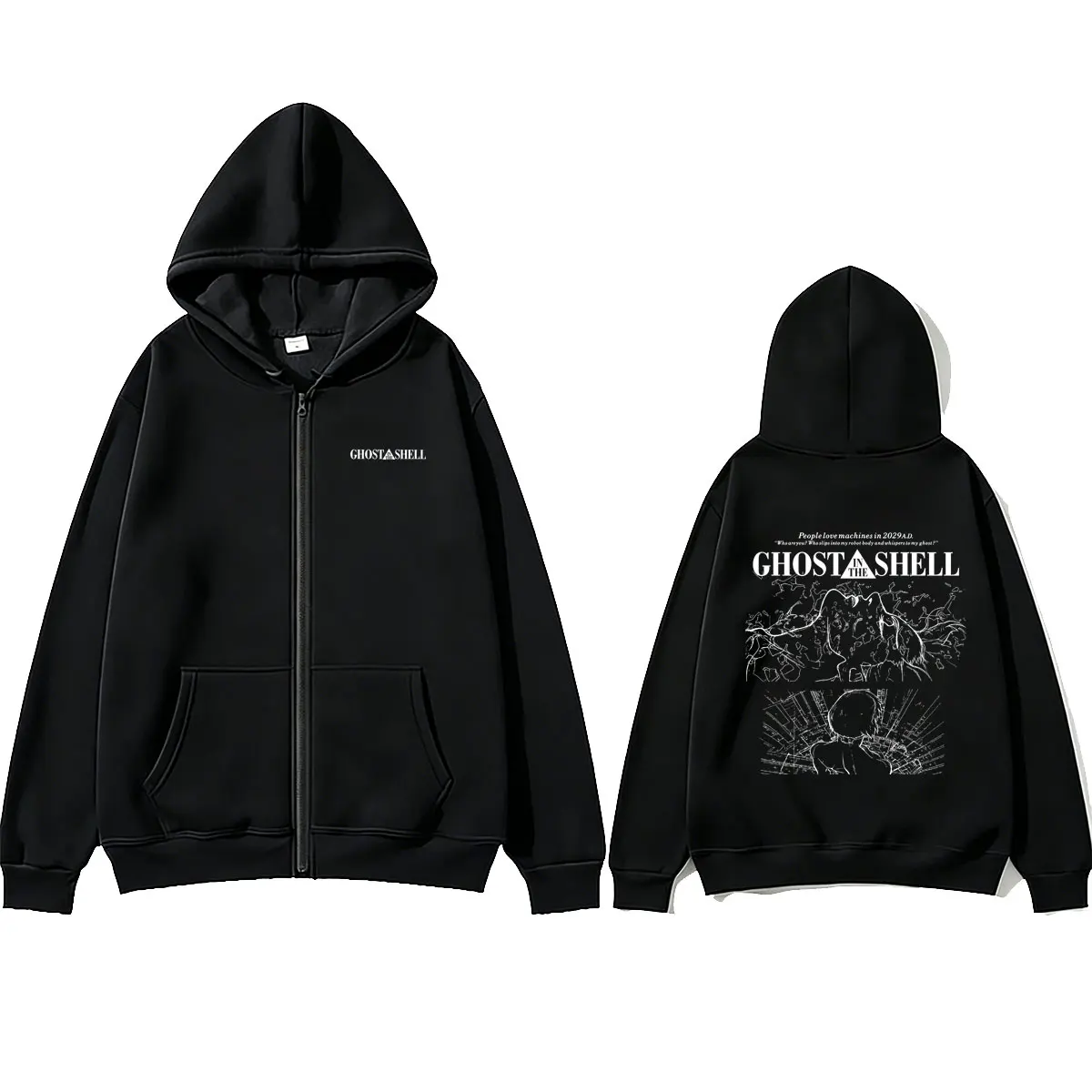 Anime Ghost in The Shell Zipper Hoodie Manga Kusanagi Motoko Graphic Zip Up Jacket Men's Women Casual Vintage Zip Up Sweatshirt