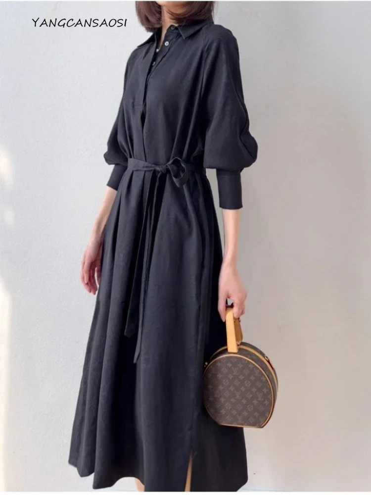 

2026 Women's Early Autumn Clothing 40MM Heavy Weight 100%Natural Mulberry Silk Fragrant Cloud Yarn POLO Collar Long Sleeve Dress