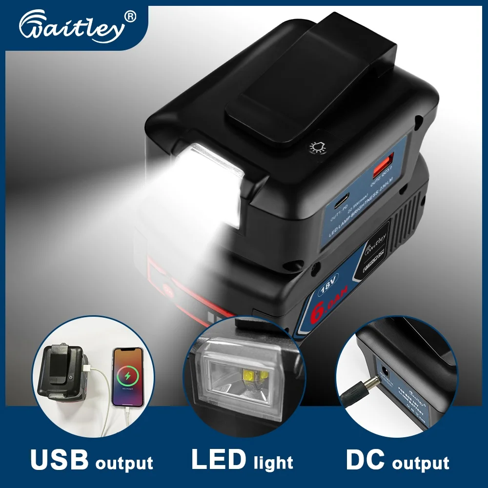 Flashlight Adapter for BOSCH 18V Battery with LED light lamp USB Type-C output Power bank extension kit External accessories