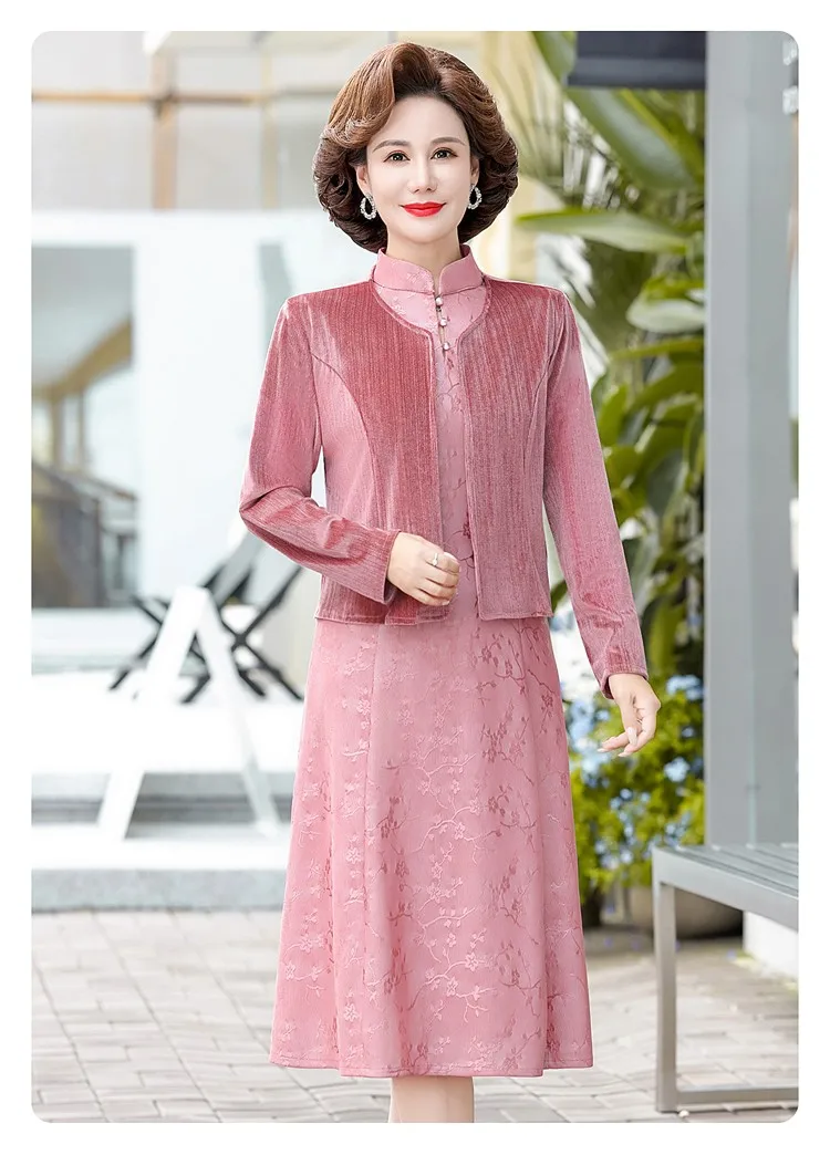 New Fashionable Red Lace Dress 2-piece Set For Middle-aged Women\'s Clothing Long Dress Over Knees For Wedding Banquet