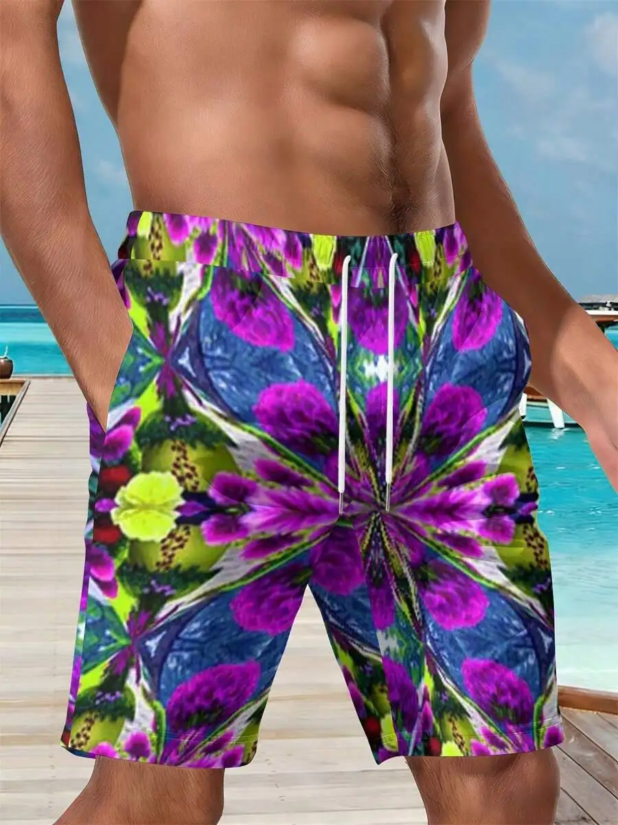 

Mens Floral 3D All Over Print Beach Shorts Purple Green Vibrant Summer Swim Trunks