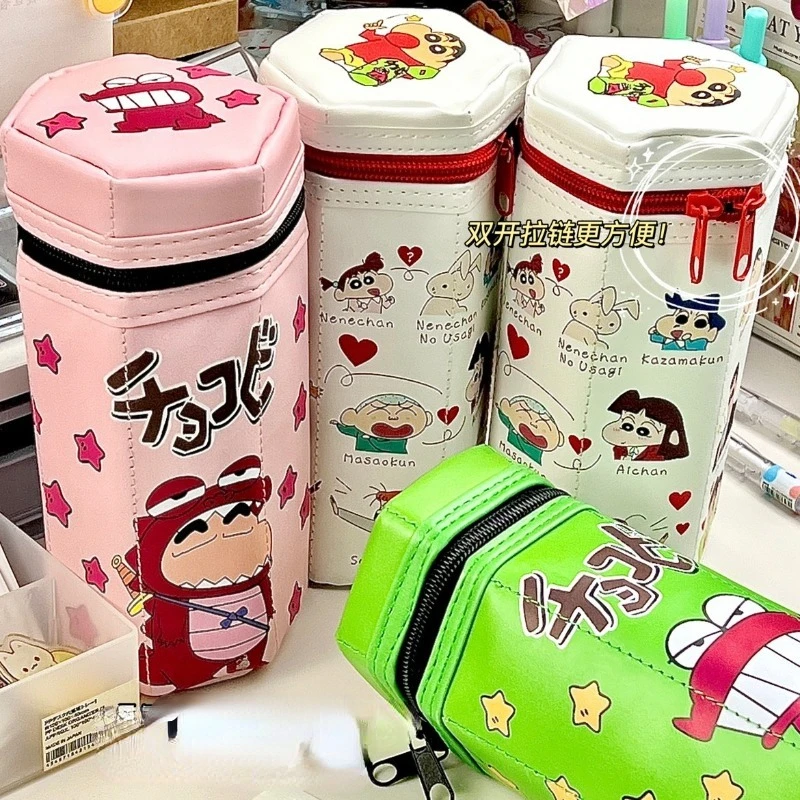 Crayon Shin Chan-bolsa para bolígrafos Hexagonal de Anime, bolsa de almacenamiento creativa impermeable de gran capacidad para estudiantes, suministros de papelería escolar, regalos