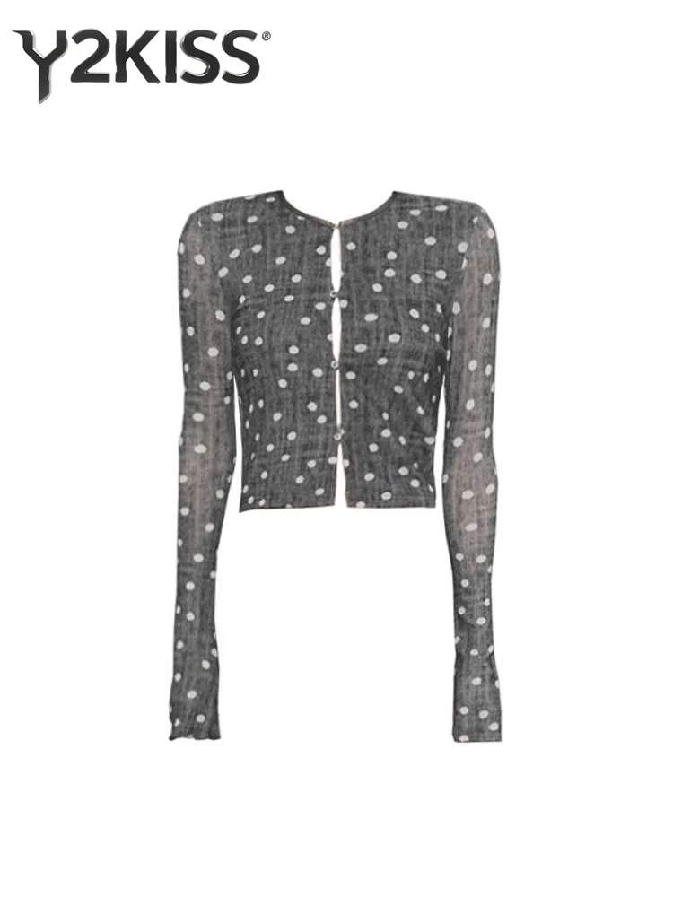 

Осенне-зимние женские футболки Gyaru Coquette в горошек с длинными рукавами и круглым вырезом Kpop Shoujo Mori Girl, корейские модные футболки Y2k, новые