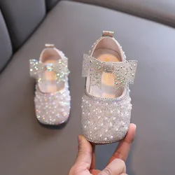 New Kids Leather Shoes Little Girls Sequin Rhinestones Bow Princess Shoes Children Casual Flats Pearls Wedding Shoes H19