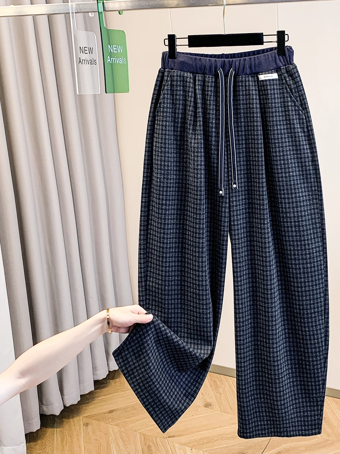 Women's Artistic Loose Trousers Harlan Drawstring Checkered Pants Casual Straight Leg Cotton Autumn Winter New Arrival