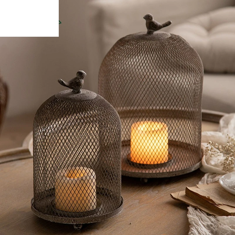 American wrought iron grid bird cage ornament B & B creative hollow candlestick ornament European retro nostalgic candlestick