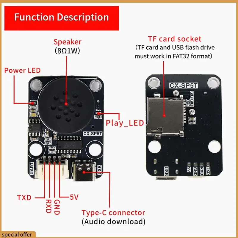 Módulo de reprodução de voz mp3 a68z, módulo reprodutor de voz mp3, transmissão de voz inteligente, compatível com bloco de construção eletrônico, música