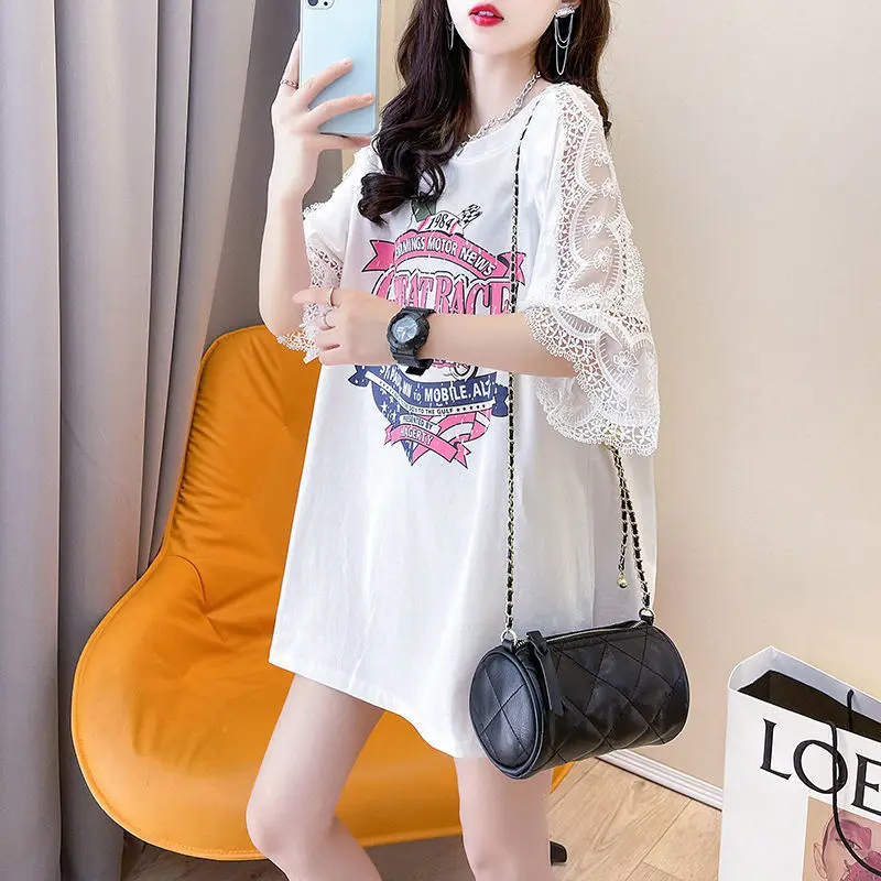 Korean Letter Printed Spliced T-shirt Summer New O-Neck Casual Fashion Lace Female Clothing Loose Commute Short Sleeve Pullovers