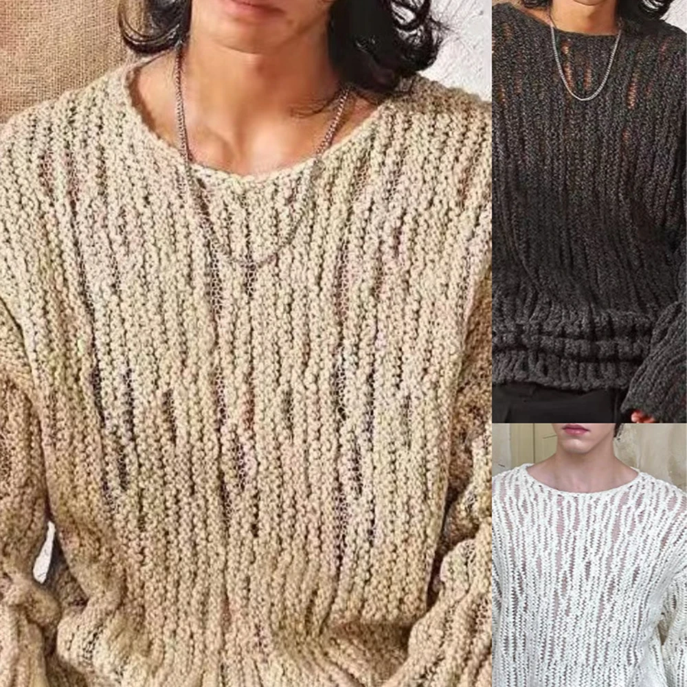 

Y2K Mens Sweater Hollow Out Slightly Transparent Knitted Sweater Autumn Casual Versatile Elastic Slim Fit Pullover Unisex 2024