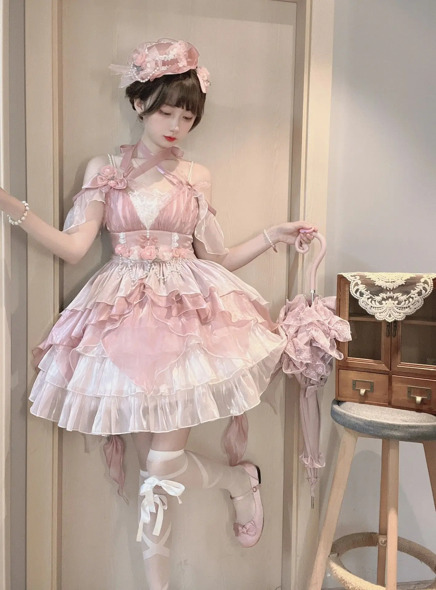 Pink Flower Wedding Lolita Dress Jsk Gorgeous Elegant Escape Princess Sweet Hurdleneck Birthday Party Dress For Young Girls