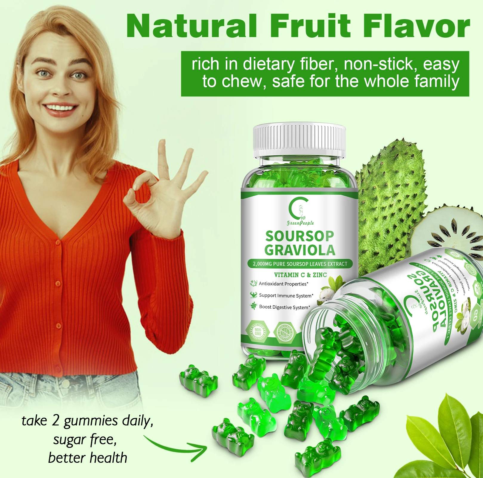 GPGP GreenPeople Soursop Gummies supportano l'immunità, la digestione e la salute della pelle, la funzione cellulare sana