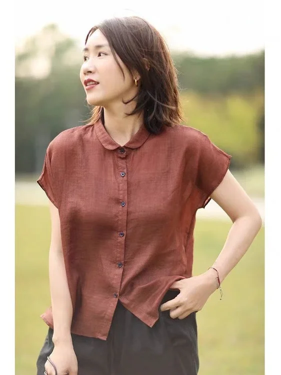 เสื้อผ้าลินินแท้สำหรับผู้หญิง ทรงหลวม สไตล์ญี่ปุ่น รุ่นใหม่ประจำปี 2025 สำหรับฤดูร้อน ผ้าลินินถักลายศิลปะ