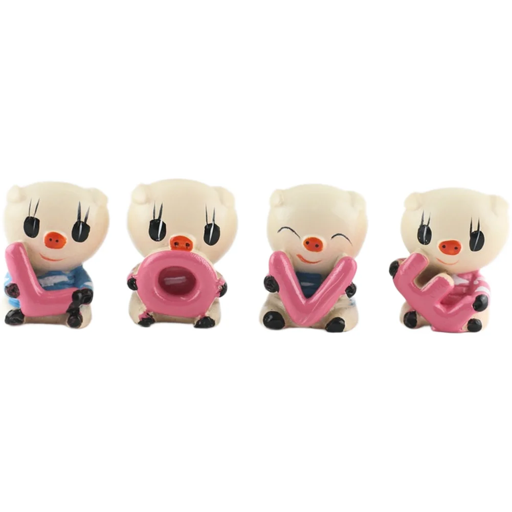 Resin Pink Love Pig Figurines 4pcs Cartoon Style Hand Painted Decor for Car Dashboard For Office Desk Home Interior