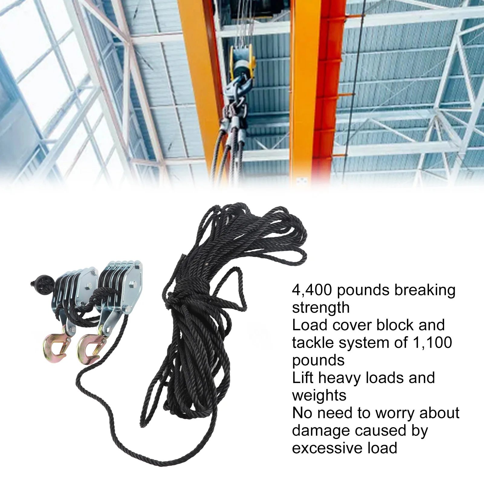 Rope Hoist Pulley System 4400lb 8:1 Ratio Lifting Power Heavy Duty Block Tackle Alloy steel for Lifting Heavy Objects