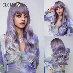 Long Punk Synthetic Wigs Ombre Purple Color Curly Water Wavy Hair Wig with Bangs Cosplay Daily Use Party Heat Resistant