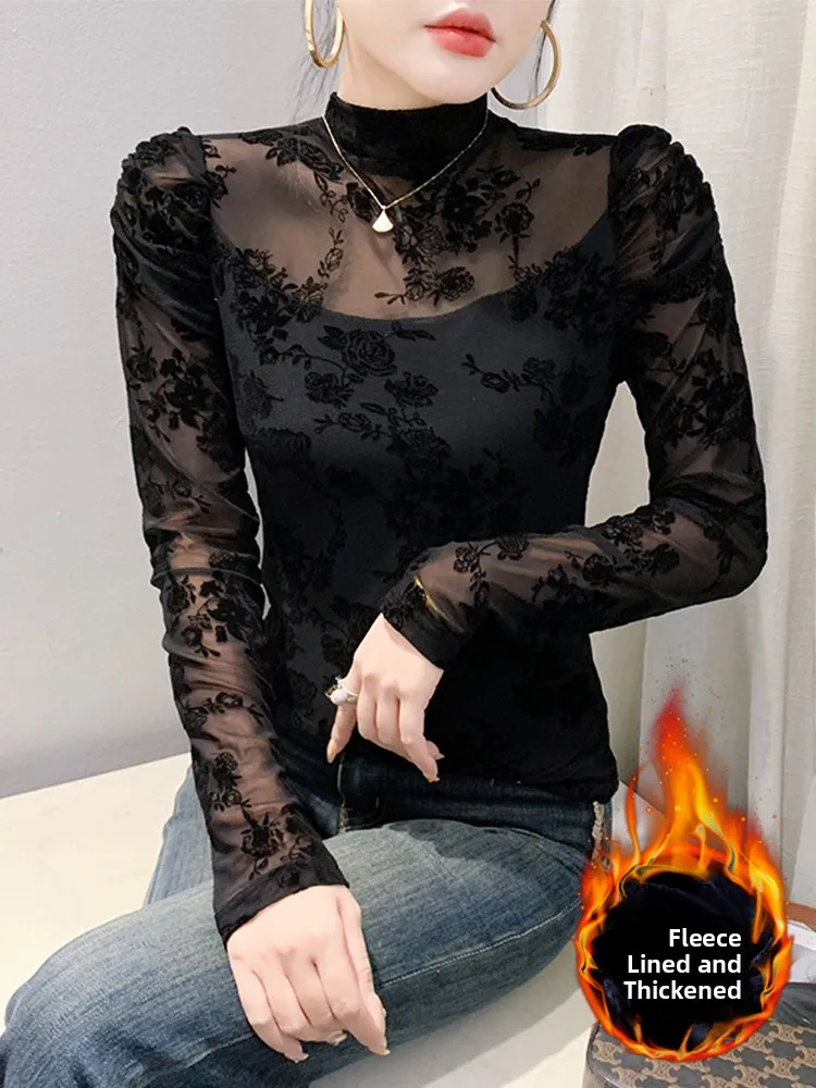 

Warm Fce Lined Me Long Sve Printed Top Women's Slim Fit Base irt High Collar Street Sle Creative Floral Print T-S...