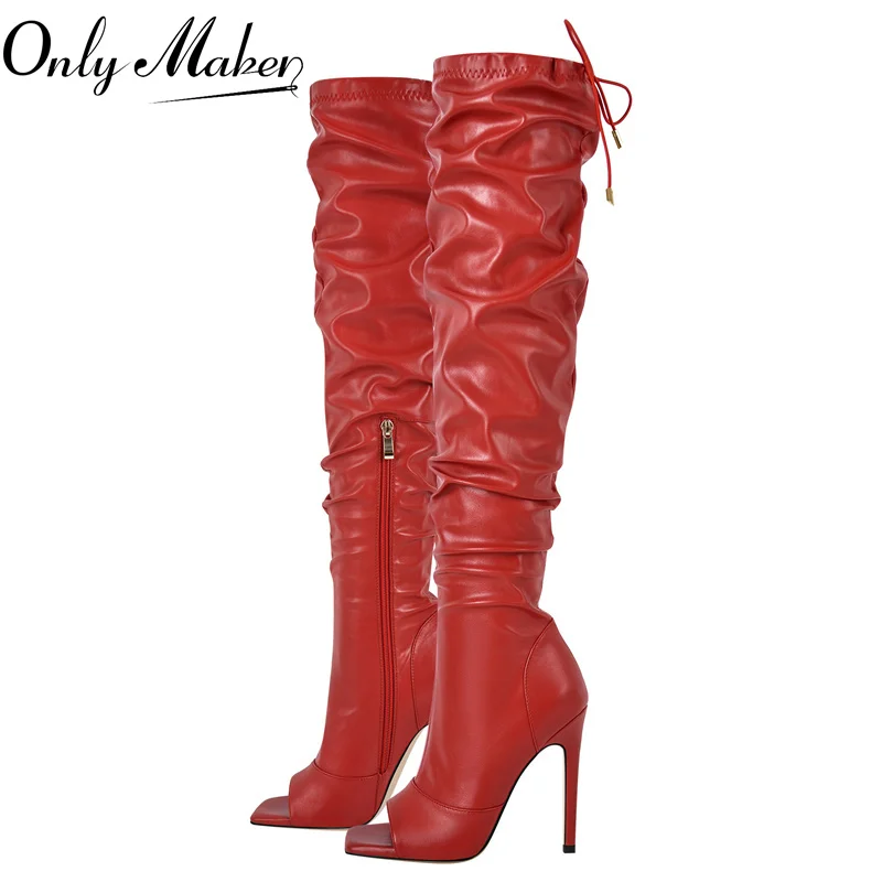 Onlymaker Women Peep Toe Red Over The Knee Boots Concise Fashion Stiletto High Heel Shoes Matte Black  Zipper  Boots