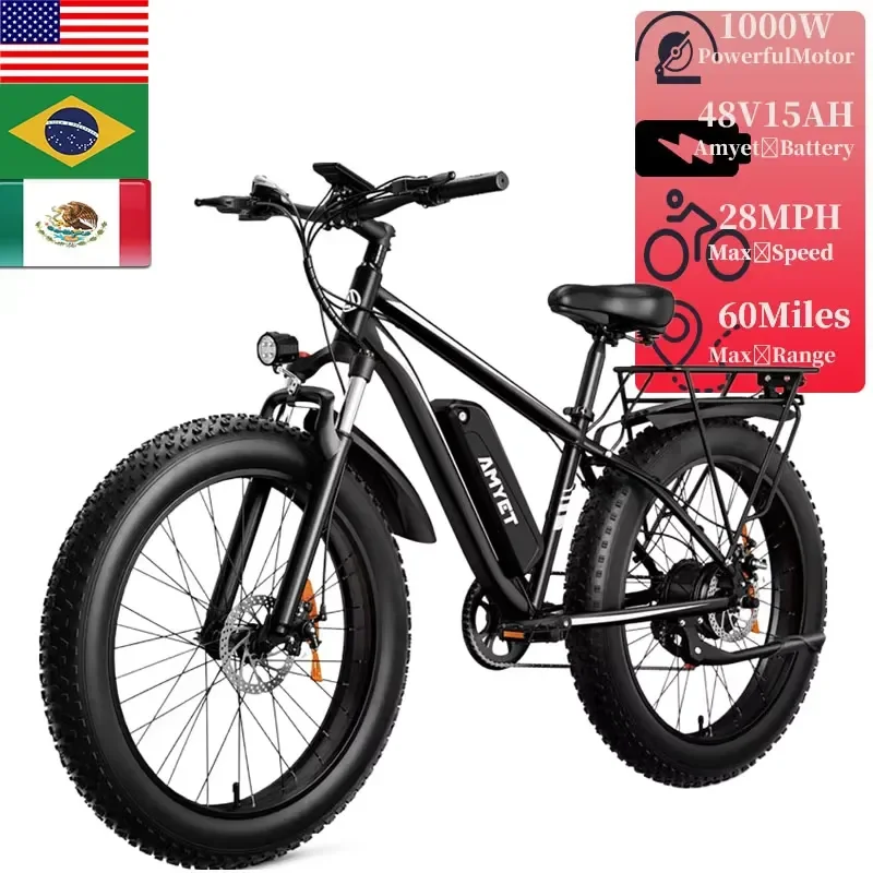1000W Electric Bicycles 48V 15AH Battery Fat Tire Electric Bike 26 X 4 Snow Beach E-Bike 7-Speed Gears 28MPH Adult commuter
