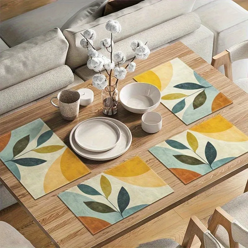 Abstract Leaf Printed Placemats,Heat Resistant Table Decor,Mid Century Flat Decoration,Casual Small Bistro Dining Layout
