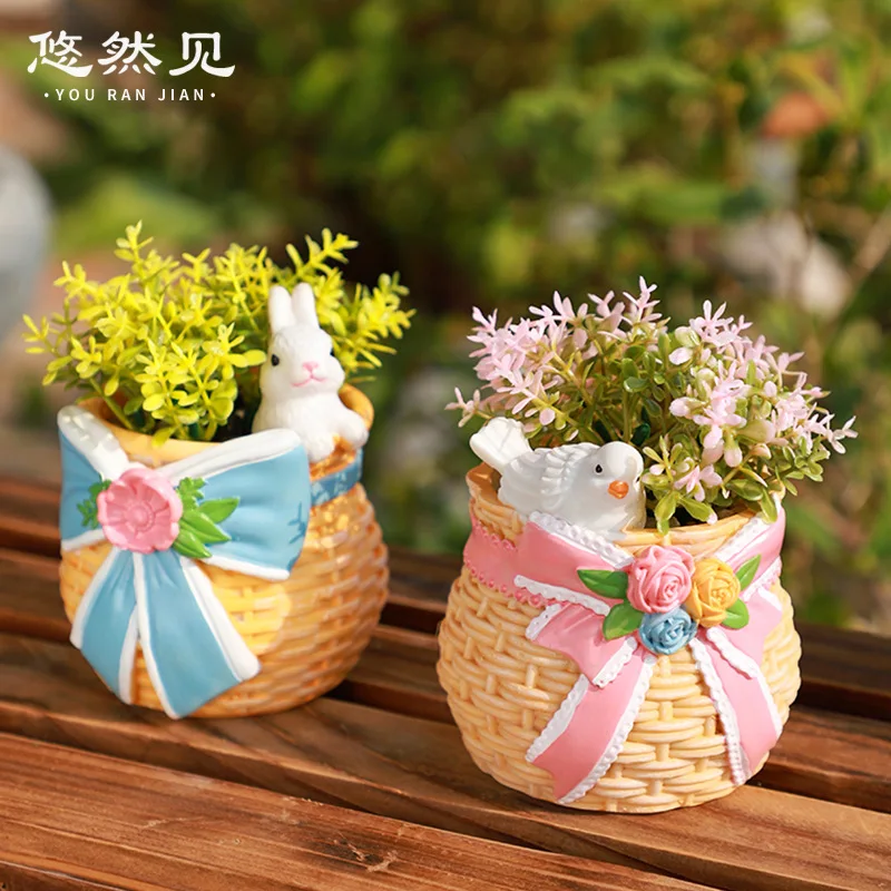 Country Style Bow-shaped Imitation Woven Flower Basket Terracotta Pot For Home Gardening, Pen Holder And Storage Item