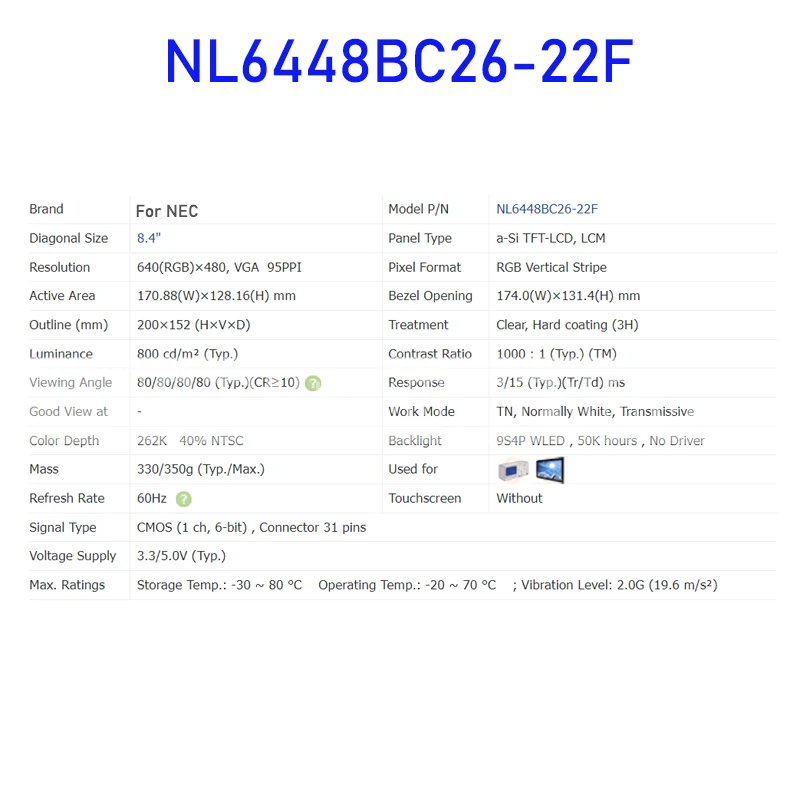 NL6448BC26-22F 8.4 인치 산업용 LCD 패널 100% 테스트 A +