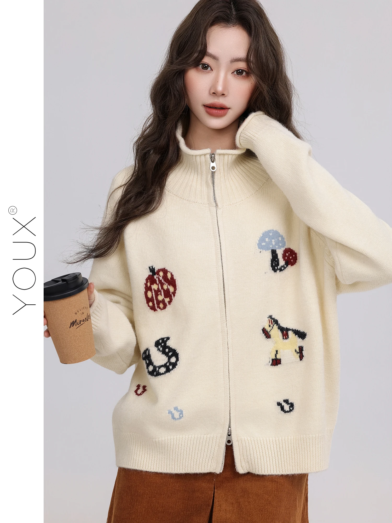 

Par r Double Zipper Embroidered Loose Sweater Cardigan Women's Spring New Lazy Sle Long Sve Soft Polyester Fiber