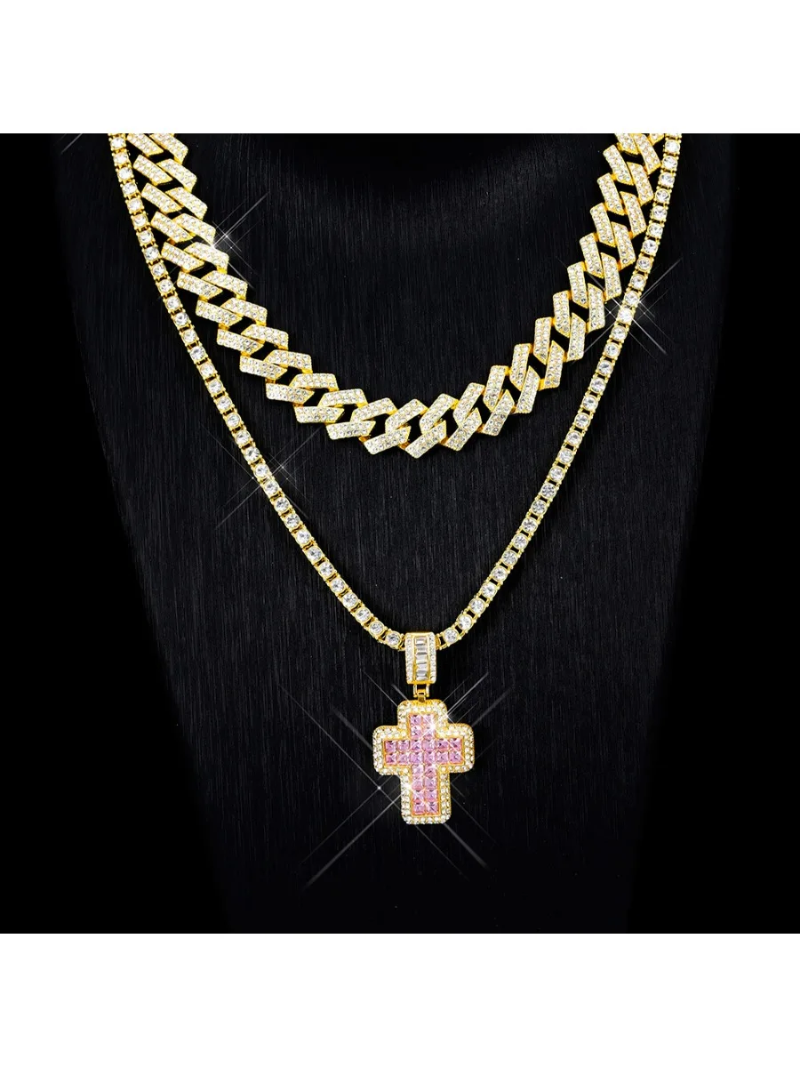 Hip-hop jewelry full diamond giant flash cross pendant necklace street wind Cuban chain