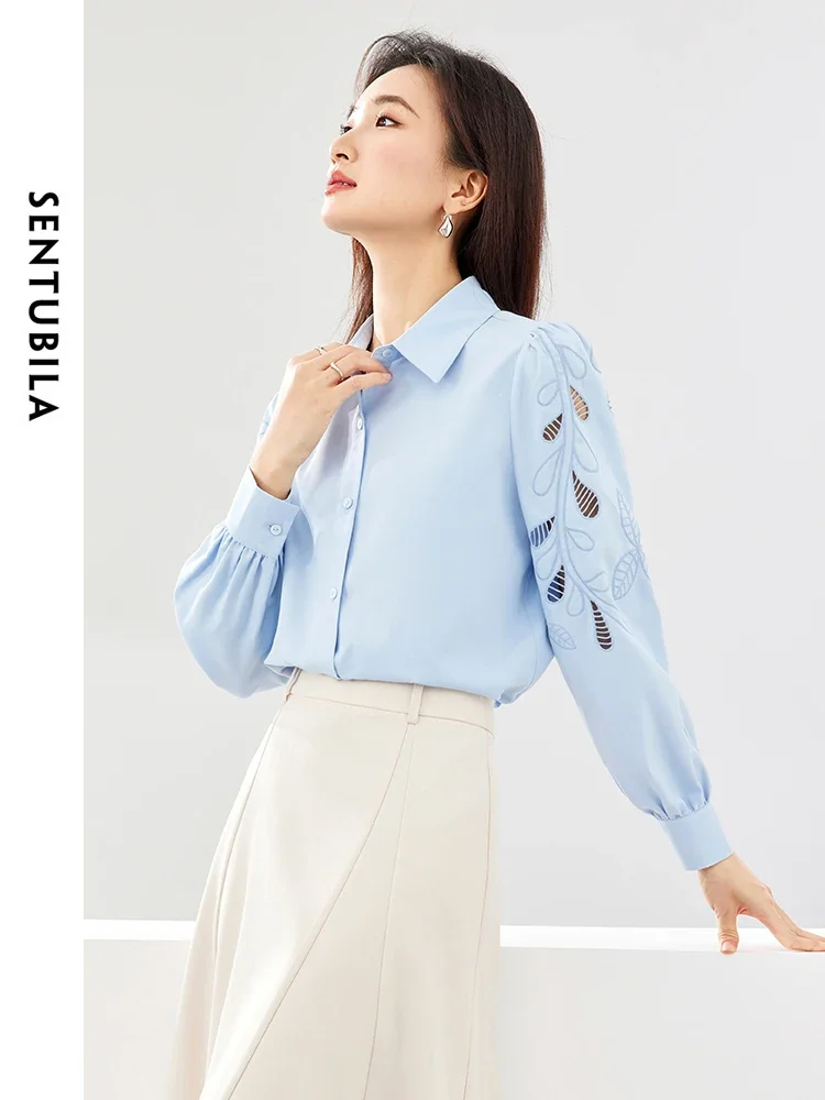 SENTUBILA Hollow Out Embroidery Blue Shirt for Office Ladies 2024 Spring Elegant Lapel Single Breasted Women Blouses M43C57362X