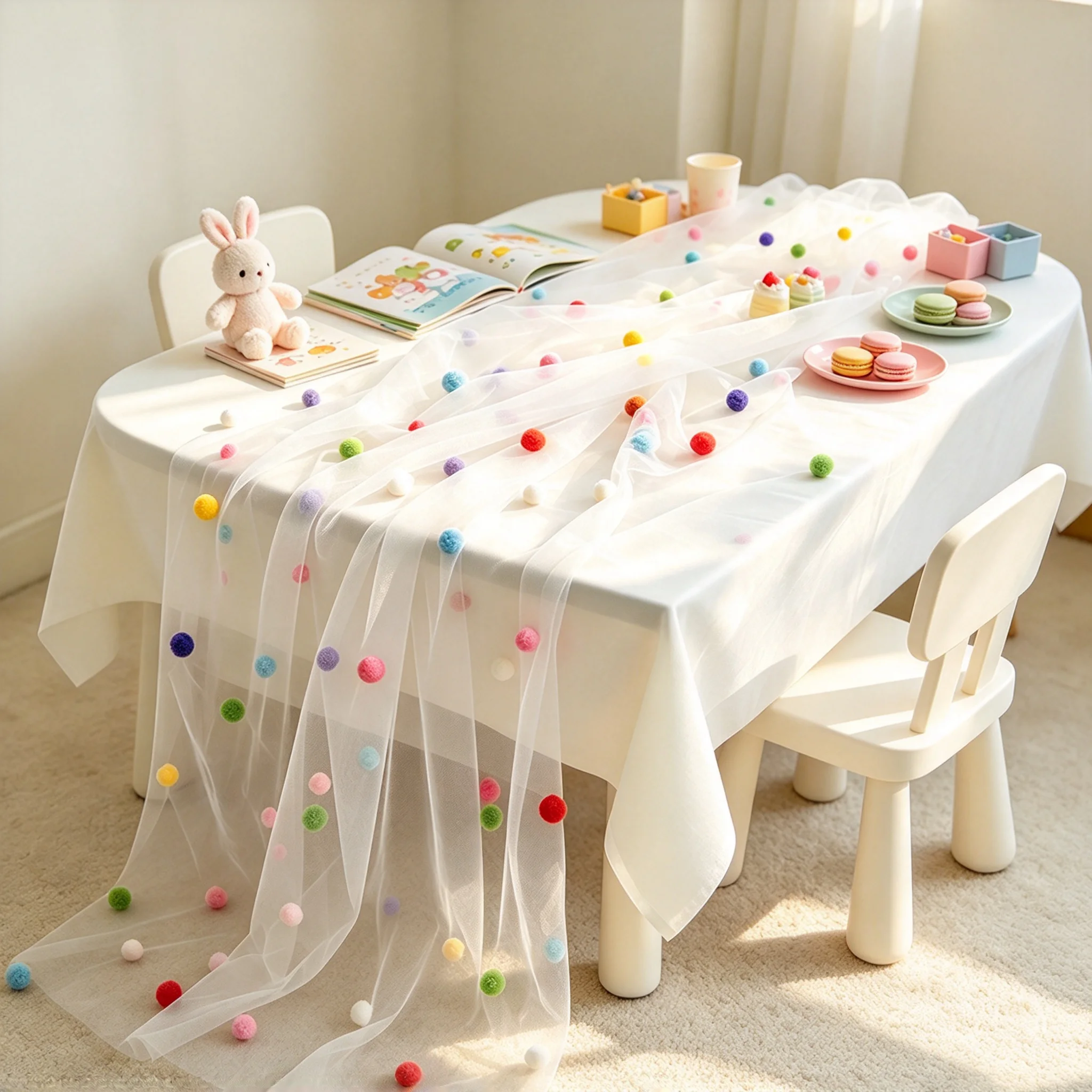 3PCS 3D Confetti Fluffy Balls Tulle Table Runner 70X300CM Colorful Polka Dot Dining Table Decoration For Birthday Wedding Party