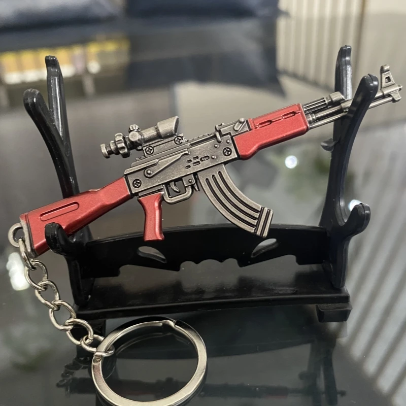 Free Base Mini AKM Gun Keychain PUBG Game Peripherals Metal Weapon Model Alloy AK 47 Light Key Chain Car Pendant Gift Toy