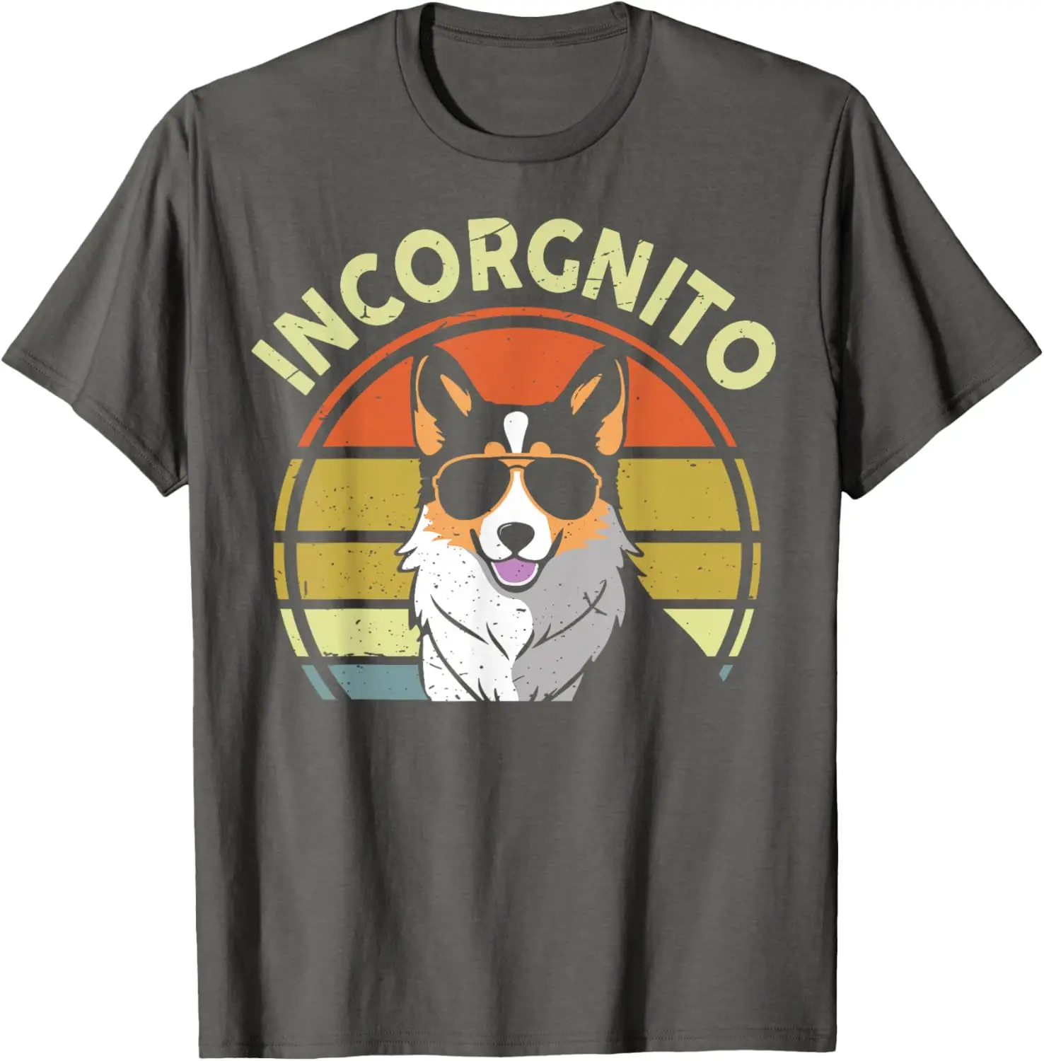 

Incorgnito Corgi Dog Wearing Sunglasses Funny Retro Sunset Graphic Tee For Men