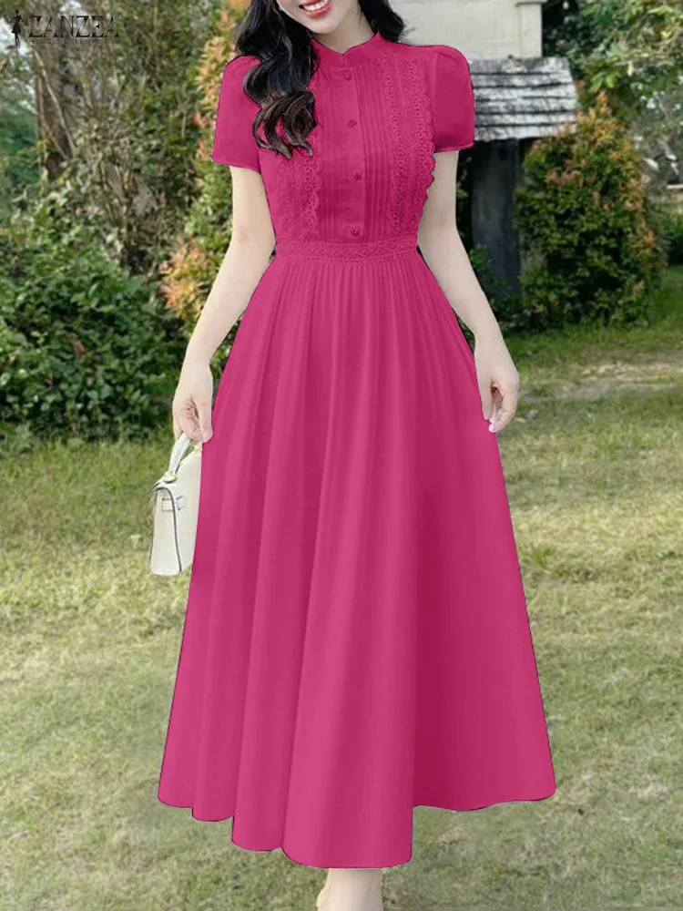 

ZANZEA Women Elegant Party Maxi Dress Short Sleeve Long Shirt Vestidos 2025 Summer Button Pleated Casual Lace Solid Holiday Robe