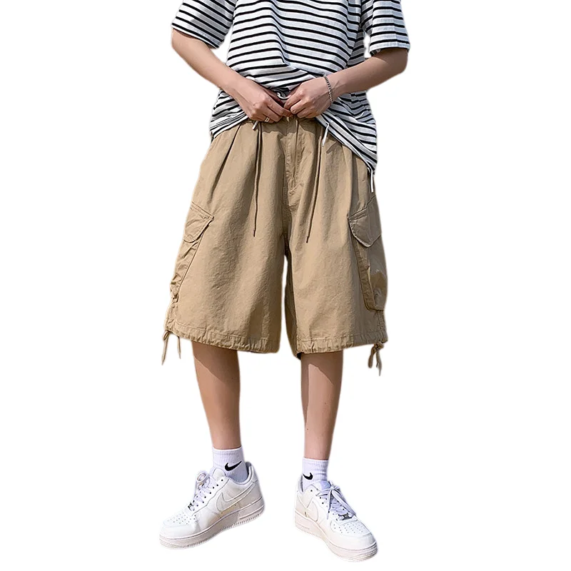 Man Casual Cropped Pants 2026 Summer Men's American Vintage Cargo Shorts Big Pockets Drawstring High Street Loose Wide Leg Pants - Image 5