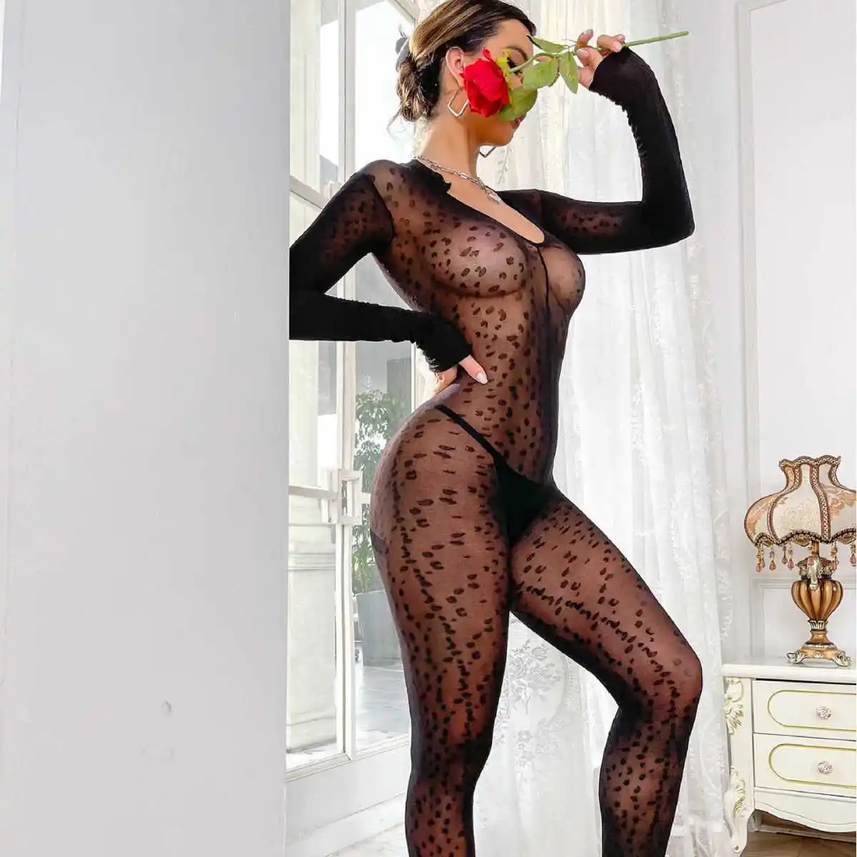 ชุดนอนจั๊มสูทลายเสือดาวผ้าตาข่ายเซ็กซี่ขายาวเอวสูง กางเกงขายาวลำลองใส่สบาย เสื้อผ้าผู้หญิง