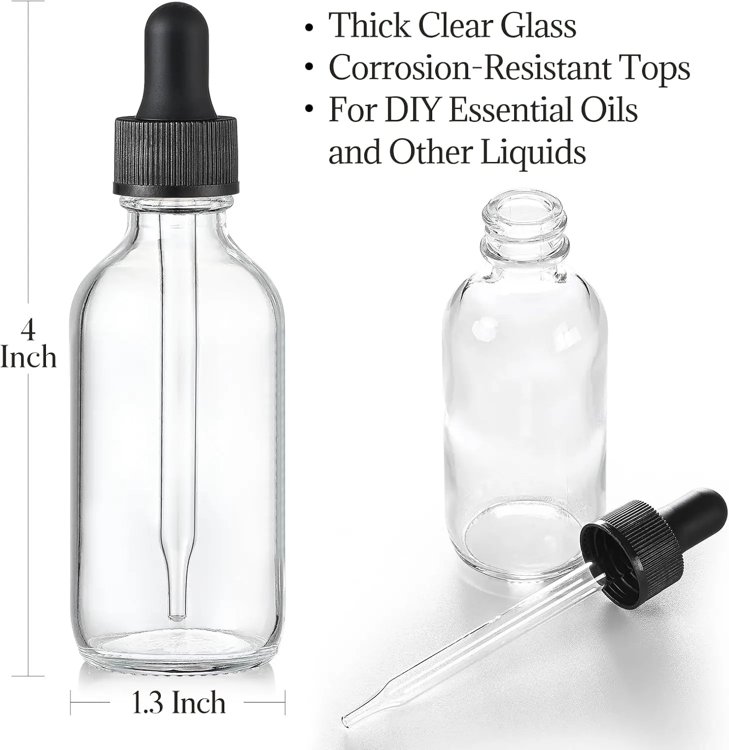 4개 세트, 1온스 투명 점안기 병, 스테인리스 스틸 깔때기 1개 및 라벨 4개 - 검정색 캡 30ml 두꺼운 유리 팅크